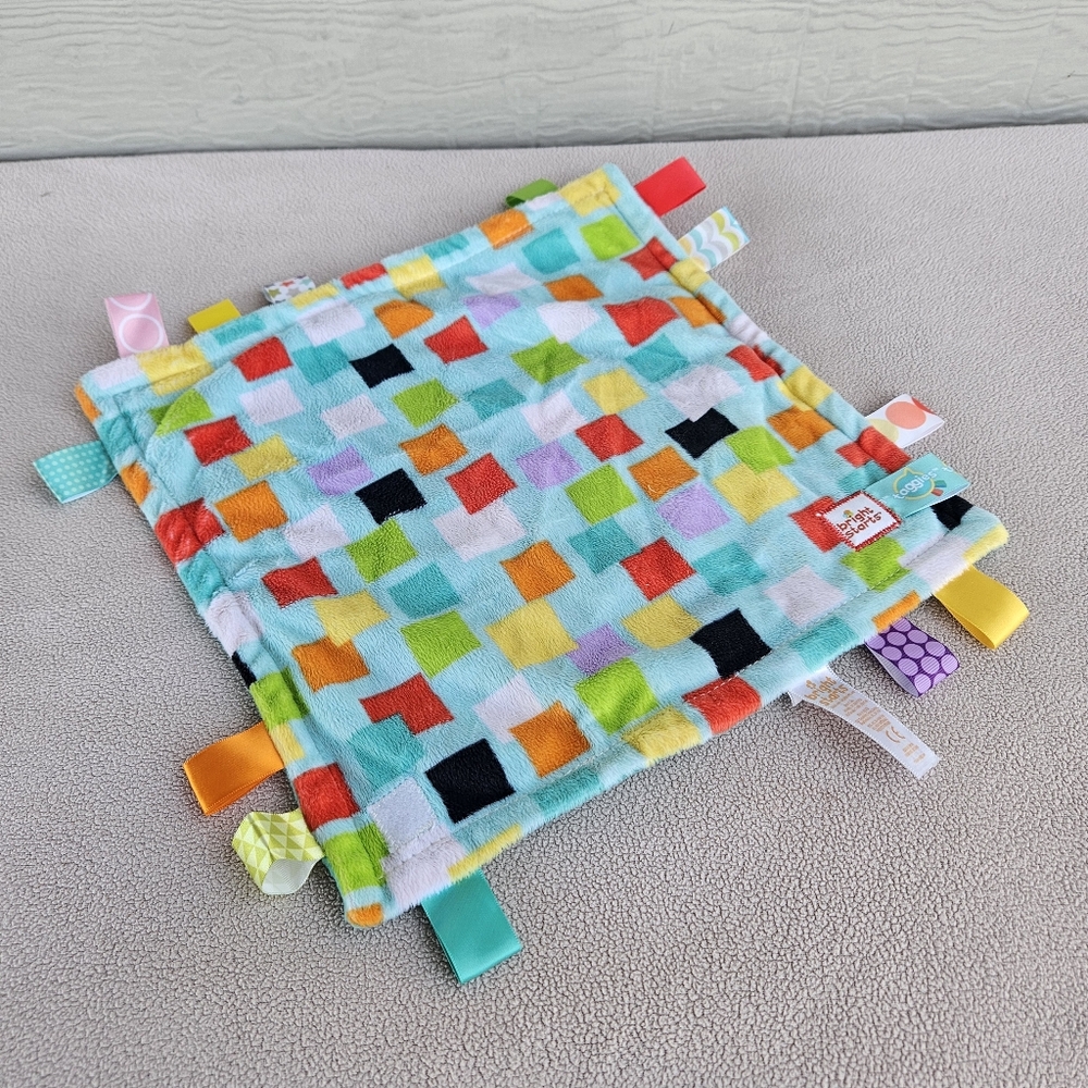 Taggies Bright Starts Plush Security Blanket Aqua Blue Squares Teether Lovey 12"